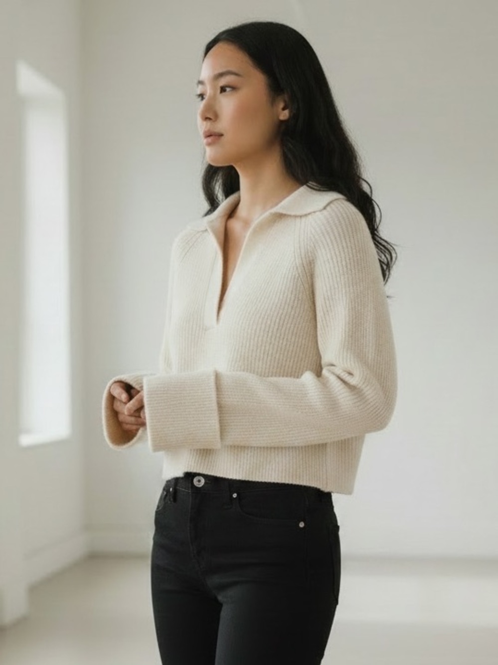 Jason Wu (XS) Cream Textured Ribbed V-Neck Polo Sweater Wide Cuff Oversized Crop